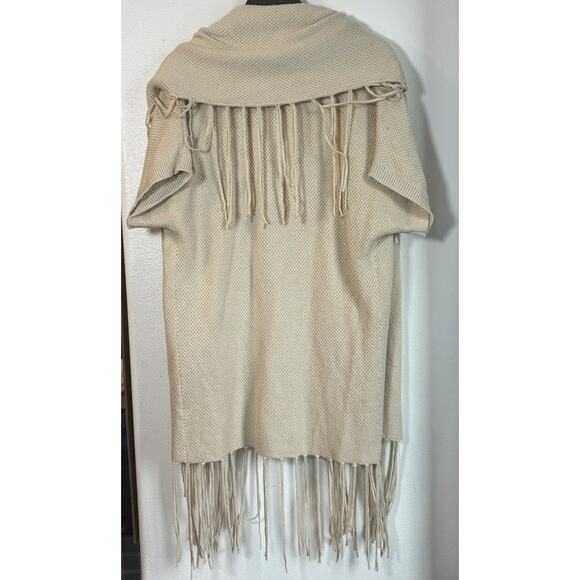 Fringe Cardigan SMALL Beige Open Knit Boho Western Shawl Duster Wrap - Picture 2 of 5